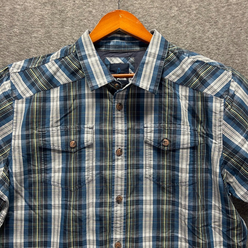 Prana Mens XL Blue Plaid Short Sleeve Button‎ Down Shirt Outdoor Hiking Casual